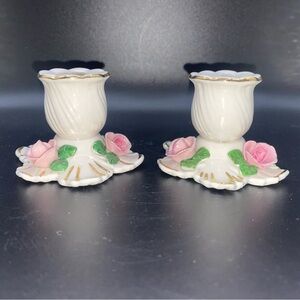 Dresden Pink Rose Candle Stick Holders W/Gold Trim Set Of 2 VTG